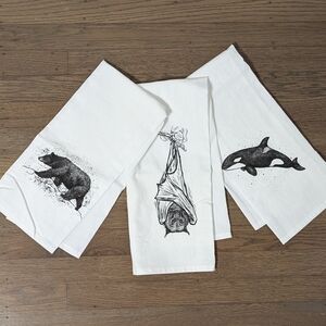 Set of 3 White Tea Towels, Animal Art by BeCause